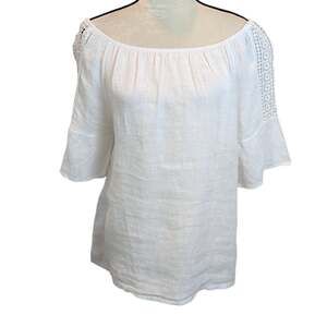 Terzo Millennio Women's Sz M White 100% Linen Made in Italy Blouse Crochet Lace